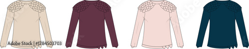 Set of women's long sleeve blouses with elegant lace yoke shoulder detail. Technical fashion flat sketch vector illustration in four colorways