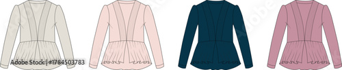 Set of women's long sleeve peplum cardigan fashion flat sketches. Technical drawing template in multiple colorways for apparel design