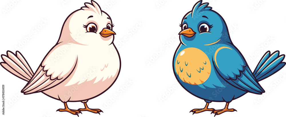 Fototapeta premium Cute cartoon bird couple illustration, blue and white love birds vector art, adorable animal character design for kids and decor