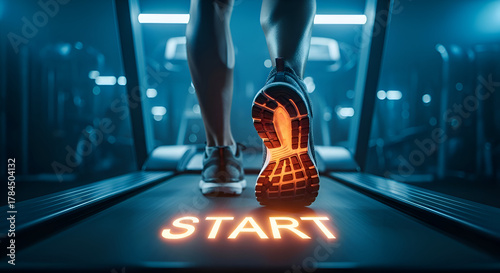 Close up low angle shot of a person running on a gym treadmill with the glowing word START on the belt symbolizing motivation fitness health goals and Happy New Year 2026 resolutions concept
