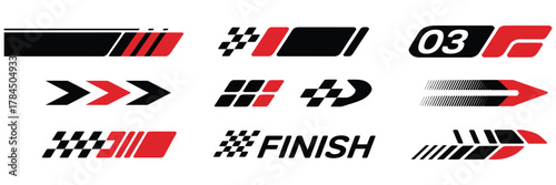 Race car stripes and automotive decal vector pack including checkered flags, sport graphics, dynamic lines, and tuning stickers ideal for racing, motorsport branding, and car design