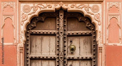Ornate antique wooden door with intricate carvings and metal detailing