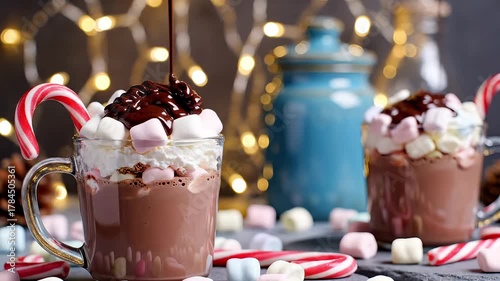 Close up of hot chocolate with marshmallows, candy cane, and chocolate syrup drizzle shot