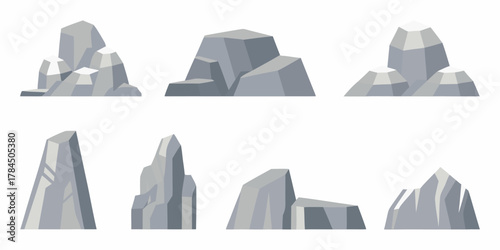 Collection of stylized geometric gray rocks and stone formations on a white background