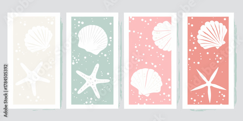 Set of four abstract minimalist beach themed wall art prints with seashells and starfish in pastel colors