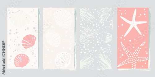 Set of four abstract beach themed vertical cards with seashells and starfish illustrations in pastel colors