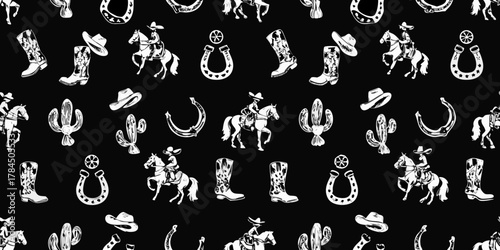 Whimsical white cowboy and western icons pattern on black background for design
