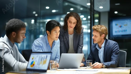 In a bustling corporate office, diverse team members collaborate around a sleek conference table, laptops open, charts projected, intense discussions, photorealistic candid shot by