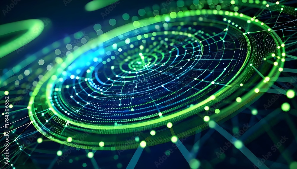 Obraz premium Abstract technology background with glowing lines and dots forming a spiral.