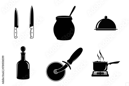 Kitchen utensils and cookware silhouettes vector on white background