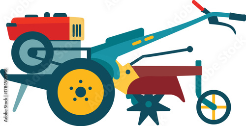 Colorful vector illustration of a walking tractor used in agriculture and small-scale farming, showcasing rural machinery design and mechanical function.
