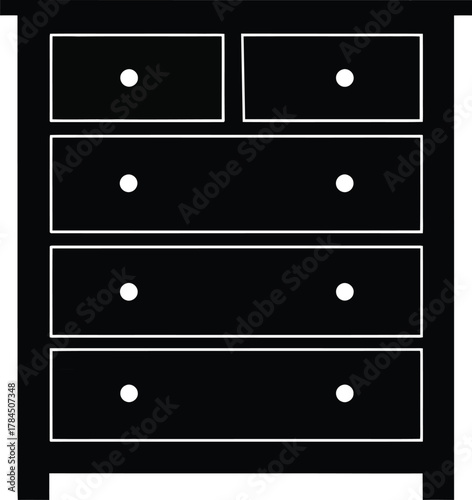 Simple black silhouette of a five drawer chest of drawers