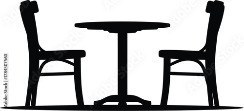 Silhouette of a round table and two chairs on a white background