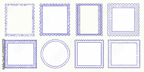 Collection of eight decorative blue outlined frames and borders in various shapes and styles