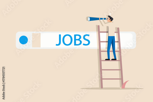 Man with telescope on ladder searching for jobs in search bar illustration