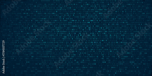 Abstract digital background with flowing binary code in shades of blue and teal on a dark backdrop