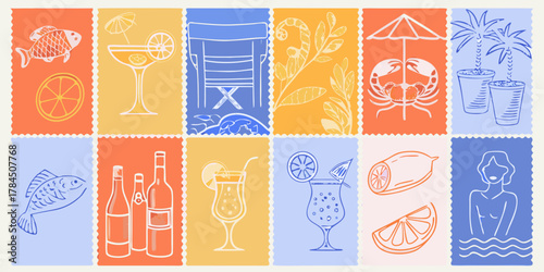 Summer vacation collage featuring tropical drinks beach elements and citrus fruits