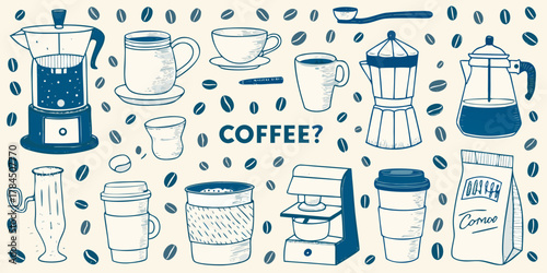 Collection of hand drawn coffee related items and coffee beans on a cream background with the word coffee