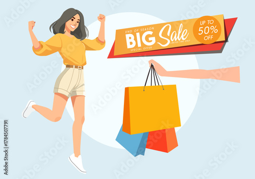 Excited Woman Celebrating Big Sale and Shopping