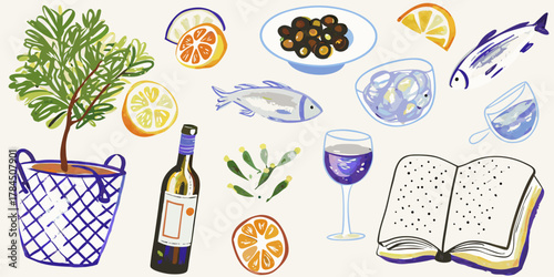 A vibrant and whimsical illustration of a mediterranean meal with wine fish olives citrus and a potted plant