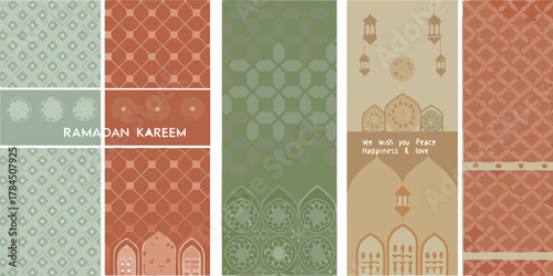 Ramadan kareem greeting with islamic patterns mosque lanterns and festive wishes