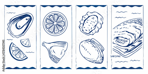 Hand drawn blue ink illustrations of oysters lemon slices and sardines on white background