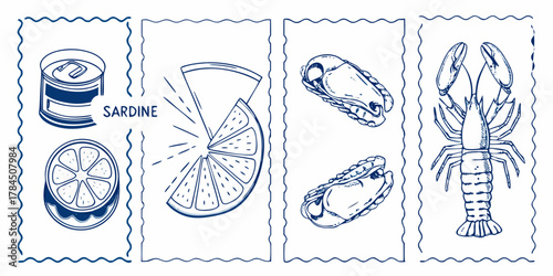 Hand drawn sketch of canned sardines with lemon slices and a lobster illustration