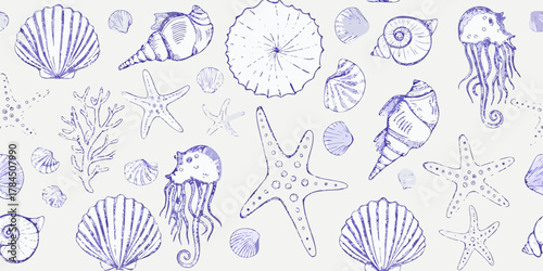 Seamless pattern of hand drawn purple seashells starfish jellyfish and coral on a light background