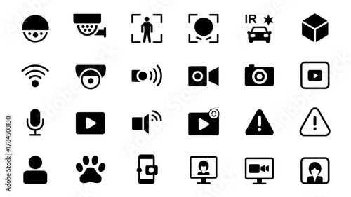 Security and surveillance technology icons set for modern digital applications.
