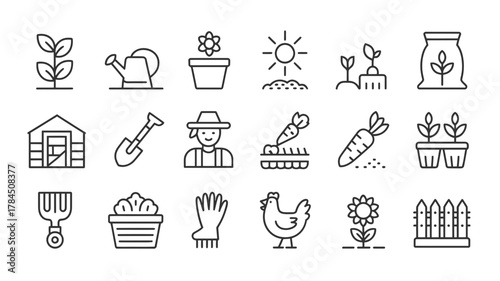 Gardening and farming line icons for agriculture apps and web use