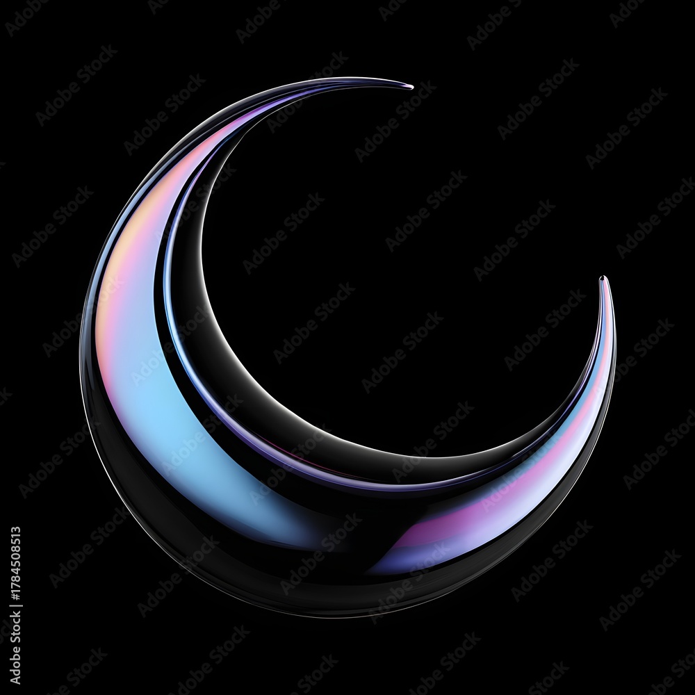 Obraz premium Celestial Crescent in the Night: A radiant crescent moon floats majestically against the night sky, its surfaces shimmer with iridescent hues, casting a spell of wonder and mystery.