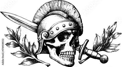 Vintage skull with a helmet and sword. Engraving vector illustration featuring retro outline design and military symbolism.