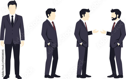 Business Suit Character Set – Stylized Male Figures in Professional Attire and Conversational Poses