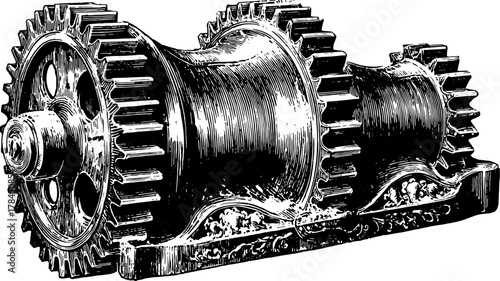 Vintage gear illustration. Hand-drawn outline in black depicting mechanical details in a retro style. This vector illustration shows industrial equipment.