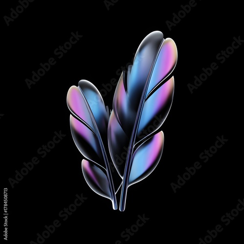 Iridescent Feathers: Delicate, iridescent feathers, with hues of blue and purple, float against a stark black background, creating an ethereal and artistic impression.