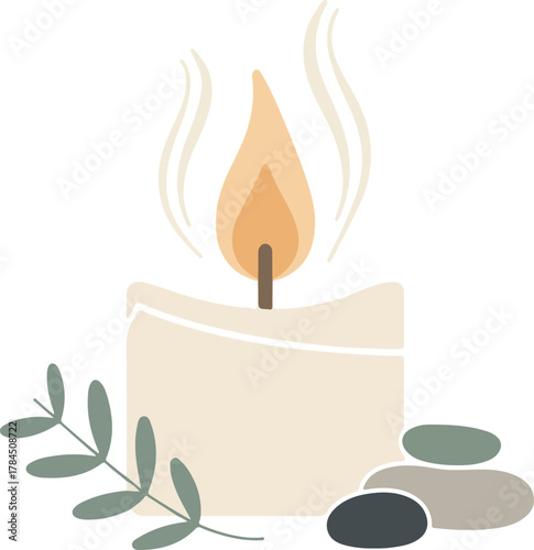 Vector icon of a lit candle with a flickering flame, accompanied by stacked pebbles and a leafy branch