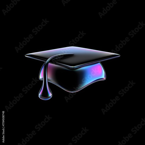 A Graduation Dream: A mesmerizing depiction of a graduation cap, shimmering with iridescent hues against a deep, dark backdrop, capturing the essence of academic achievement and dreams.