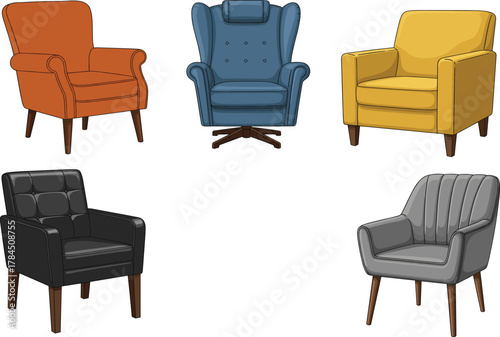 Armchair Collection – Stylized Furniture Set with Diverse Upholstery, Colors, and Designs