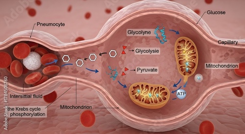 Detailed illustration of cellular respiration process within a blood vessel showing glucose, glycolysis, pyruvate, mitochondria, and ATP production