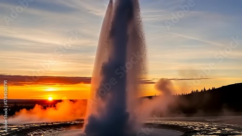 Strokkur Geyser Erupting at Sunset in Icelands Golden Circle.