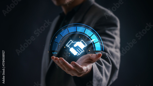 Trust and performance concept in business partnership showing handshake icon with full confidence meter, representing high level collaboration, commitment and mutual success in corporate relationships