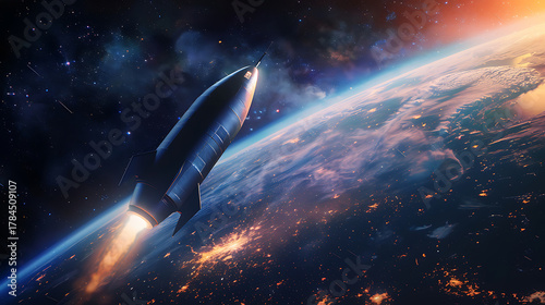 Fototapeta Naklejka Na Ścianę i Meble -  Dark blue rocket ship blasts off from Earth into starry space with glowing city lights below spaceship