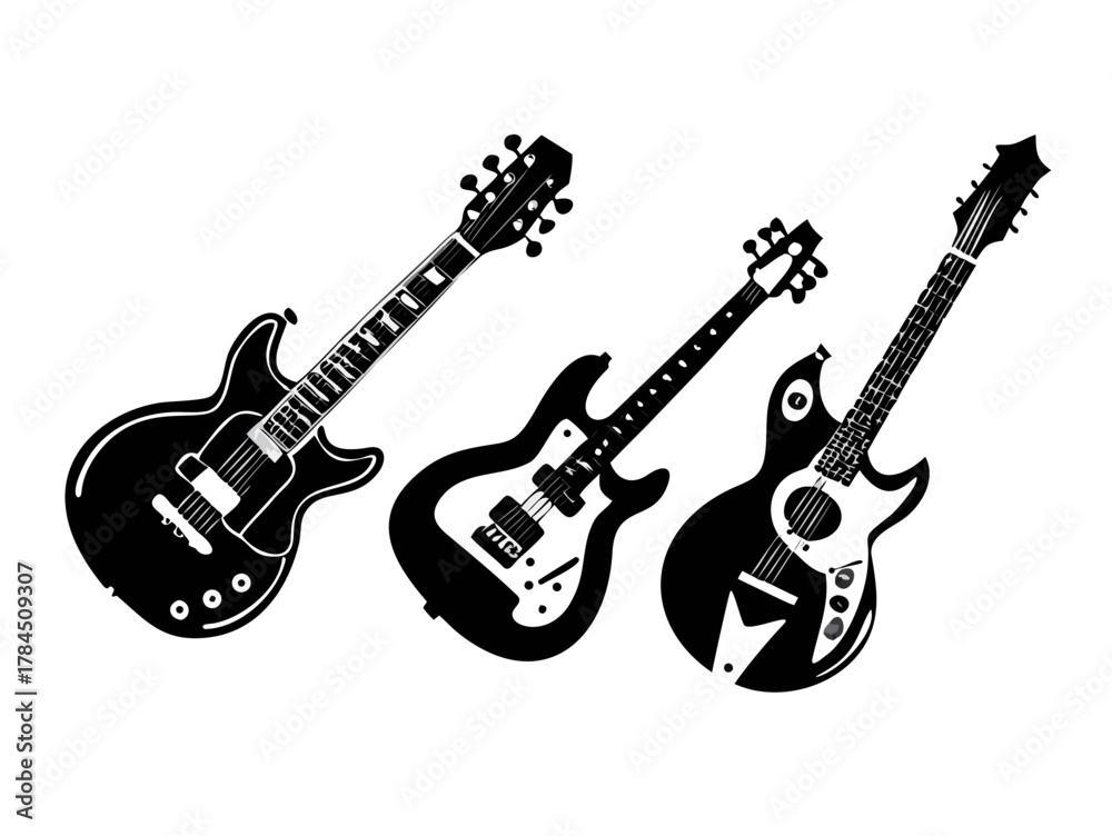 Fototapeta premium Guitar set. Acoustic & electric guitars on white background. Vector monochrome illustration. Musical Instruments. 