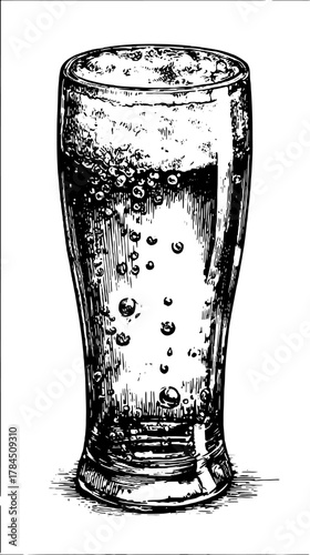 Vintage glass with carbonated soda, bubbles, and foam in handdrawn ink sketch. Black and white vector illustration with detailed textured line art.