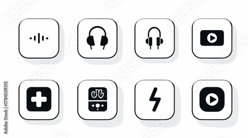 Digital audio and multimedia vector icon set featuring headphones, sound waves, play buttons, and DJ mixer symbols.