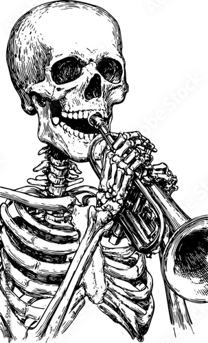 Skeleton playing trumpet in monochrome ink drawing. Detailed line art vector illustration with vintage and engraving style.