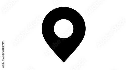 Minimalist black map pin icon on a clean white background, representing location, GPS navigation, and place identification