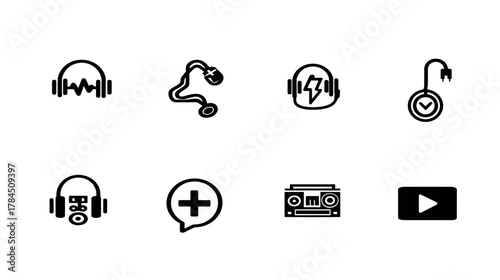 Music and Audio Line Icons Set: Headphones, Earbuds, Boombox, Play Button. Flat Vector for Digital Media Entertainment.