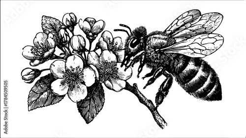 Bee on a blossom branch with leaves in vintage handdrawn style. Black and white botanical vector illustration.