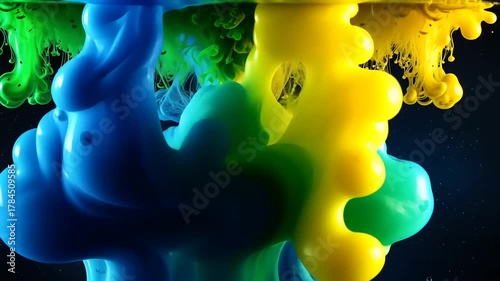 Vibrant Blue Green Yellow Ink Cloud Explosion Underwater Abstract Motion.